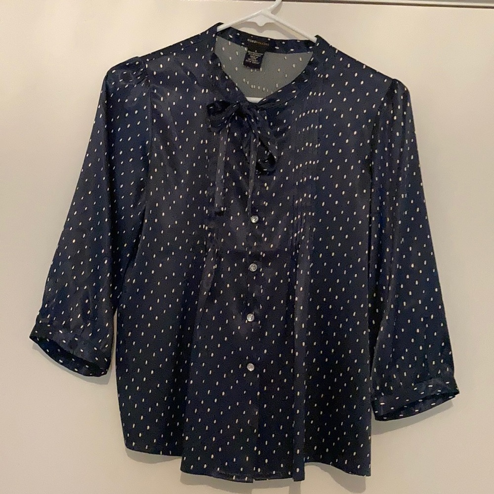 Polka dot bcbg blouse with crystal buttons